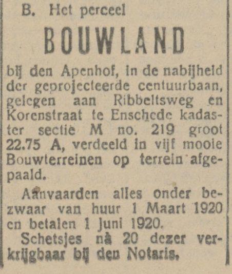 Apenhof Korenstraat krantenbericht Tubantia 24-1-1920.jpg