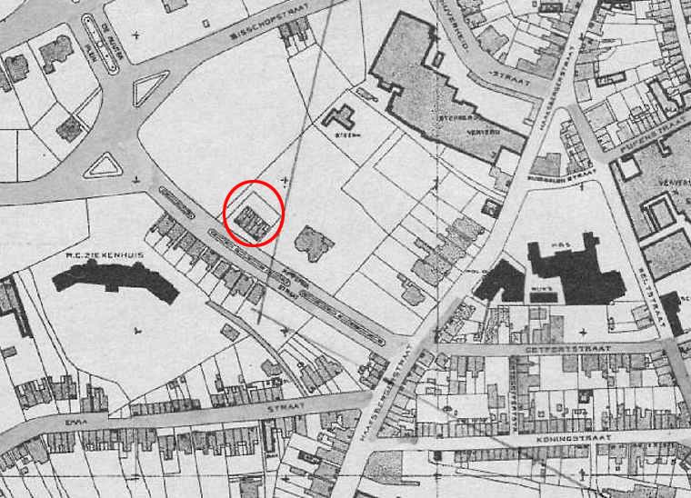 Ripperdastraat plattegrond met omcirkeld rijtje afdakswoningen genaamd Jeruzalem vroeger Bremmeleweg.jpg