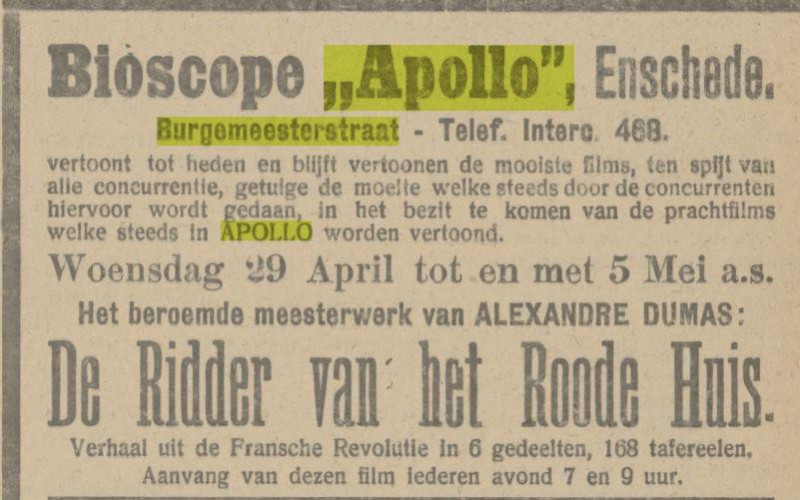 Burgemeesterstraat bioscoop Apollo advertentie Tubantia 28-4-1914.jpg