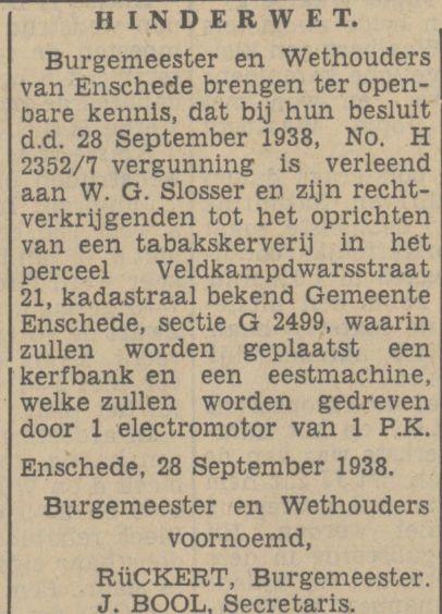 Veldkampdwarsstraat 21 tabaksverververij W.G. Slosser krantenbericht Tubantia 28-9-1938.jpg