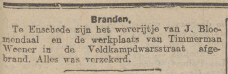 Veldkampdwarsstraat brand weverij J. Bloemendaal krantenbericht Alg. Handelsblad 20-11-1921.jpg