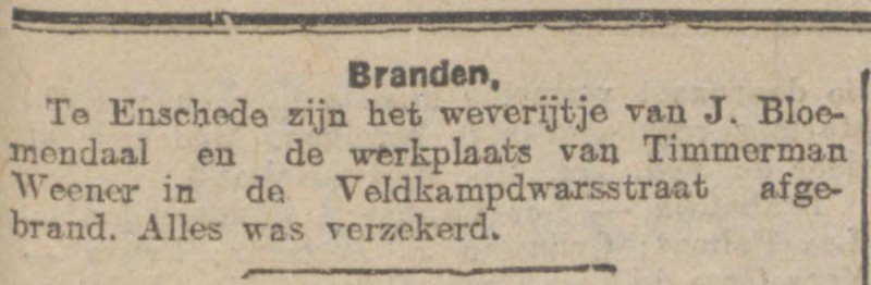 Veldkampdwarsstraat brand weverij J. Bloemendaal krantenbericht Alg. Handelsblad 20-11-1921.jpg