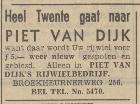Broekheurnerweg 256 Piet van Dijk rijwielbedrijf advertentie Tubantia 19-8-1939.jpg