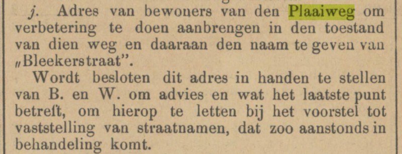 Plaaiweg wordt Bleekerstraat krantenbericht Tubantia 29-4-1899.jpg