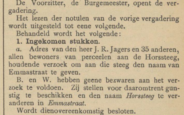 Horssteeg wordt Emmastraat krantenbericht Tubantia 3-9-1898.jpg
