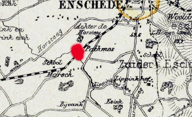 Horssteeg plattegrond enschede 1867 met rode stip op Pathmos (2).jpg