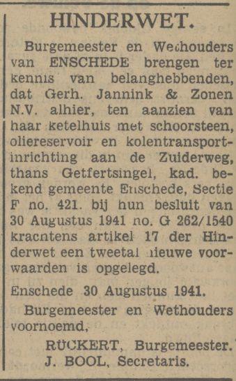 Zuiderweg thans Getfertsingel krantenbericht Tubantia 30-8-1941.jpg