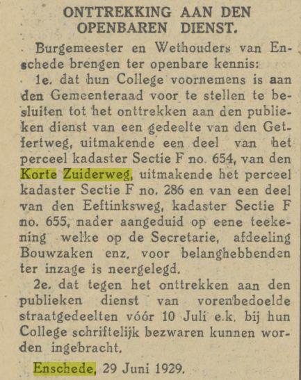 Korte Zuiderweg krantenbericht Tubantia 29-6-1929.jpg