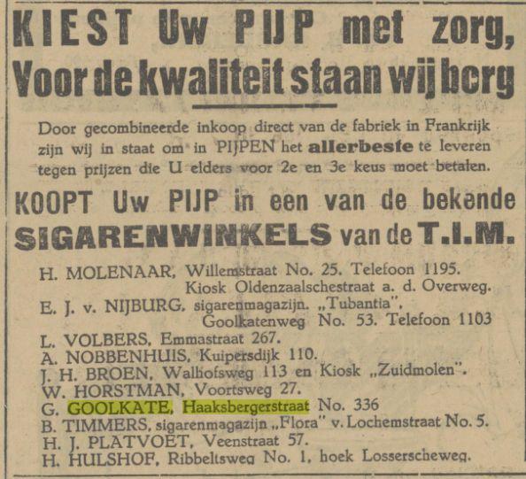 Haaksbergerstraat 336 G. Goolkate sigarenwinkel advertentie Tubantia 12-4-1927.jpg