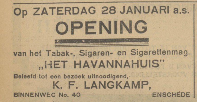 Binnenweg 40 Sigarenmagazijn Het Havannahuis advertentie Tubantia 26-1-1928.jpg
