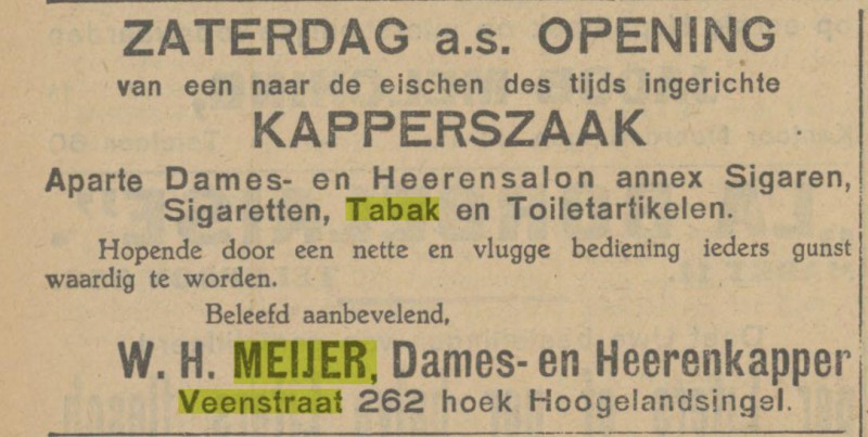 Veenstraat 262 hoek Hogelandsingel kapperszaak W.H. Meijer advertentie Tubantia 2-8-1929.jpg