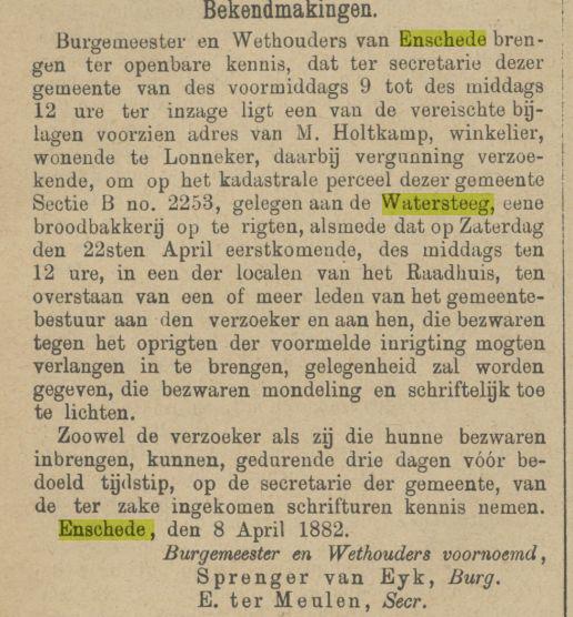 Watersteeg broodbakkerij M. Holtkamp krantenbericht Tubantia  12-4-1882.jpg