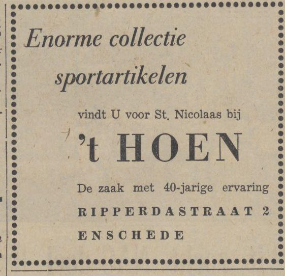 Ripperdastraat 2 't Hoen sportartikelen advertentie De Waarheid 3-12-1962.jpg