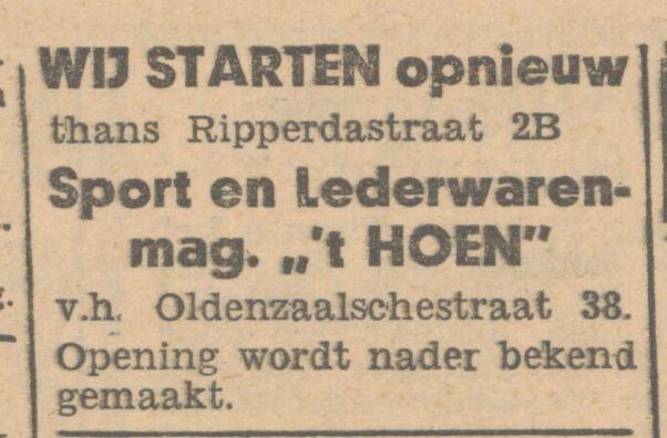 Ripperdastraat 2B voorheen Oldenzaalsestraat 38 Sport en Lederwarenmagazijn 't Hoen advertentie Vrije Volk 19-5-1945.jpg