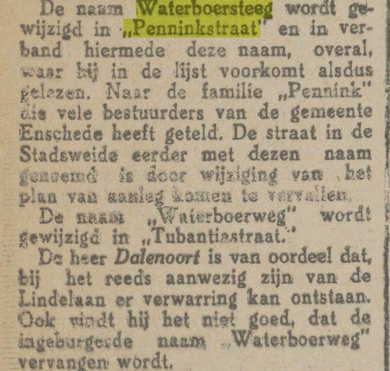 Waterboersteeg wordt Penninkstraat krantenbericht Tubantia 15-2-1919.jpg