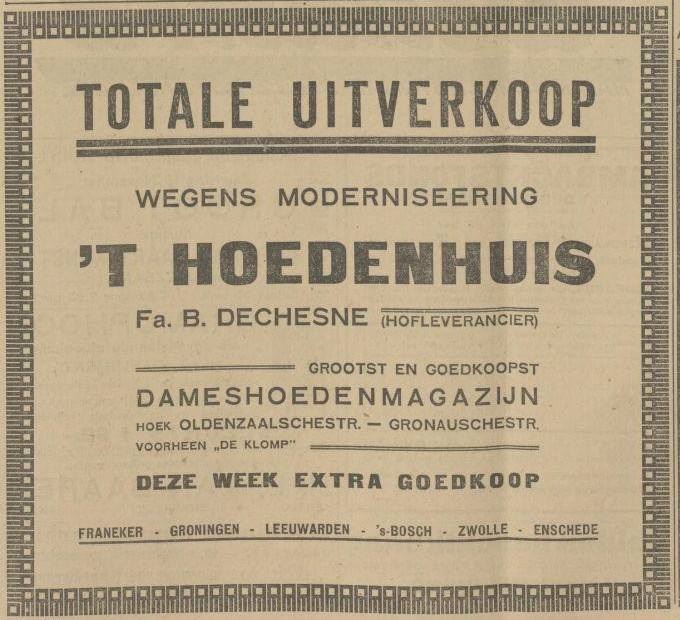 Oldenzaalschestraat hoek De Klomp adv ertentie 't Hoedenhuis B. Dechesne.jpg