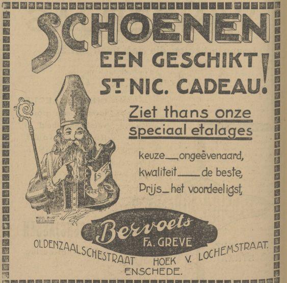 Oldenzaalsestraat hoek Van Lochemstraat Bervoets schoenenzaak Fa. Greve advertentie Tubantia 2-12-1927.jpg