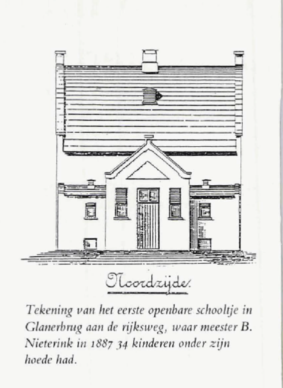 Rijksweg Glanerbrug tekening van het eerste openbaar schooltje waar meester B. Nieterink in 1887 34 kinderen onder zijn hoede had..png