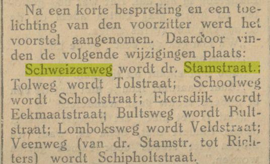 Schweizerweg wordt Dr. Stamstraat krantenbericht 12-7-1927.jpg