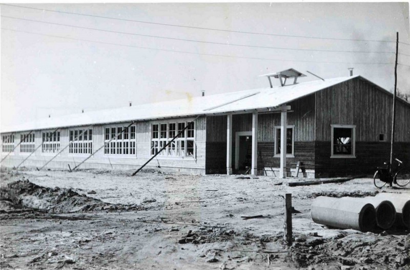 Nieuw Guineastraat Fins houten nood-schoolgebouw in aanbouw 1949.jpg