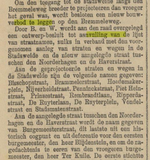 Bremmeleweg Penninkstraat Burgemeesterstraat krantenbericht Prov. Overijsselsche en Zwolsche Courant  21-2-1907.jpg