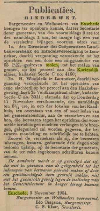 Kortendijk molen krantenbericht Tubantia 5-11-1904.jpg