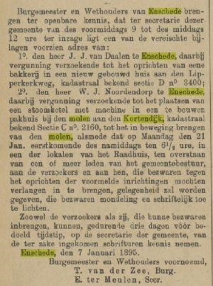 Kortendijk molen krantenbericht Tubantia 9-1-1895.jpg