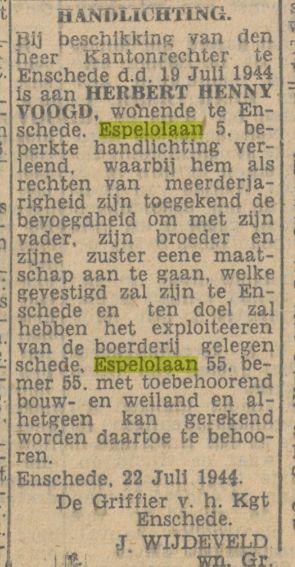 Espelolaan 55 H.H. Voogd advertentie Tubantia 22-7-1944.jpg