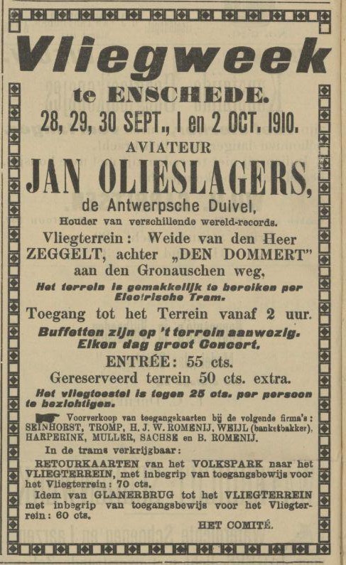 Gronauseweg Den Dommert vliegweek Jan Olieslagers Advertentie. Tubantia. Enschede, 29-09-1910. Geraadpleegd op Delpher op 14-05-2016,.jpg