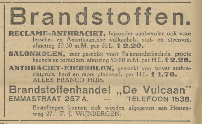 Emmastraat 257A Brandstoffenhandel De Vulcaan advertentie Tubantia 4-2-1928.jpg