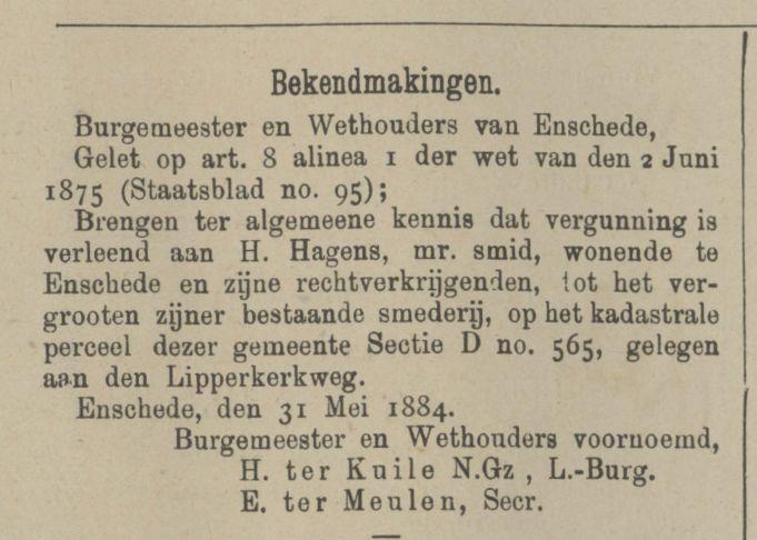 Lipperkerkweg H. Hagens Mr. smid krantenbericht Tubantia 4-6-1884.jpg