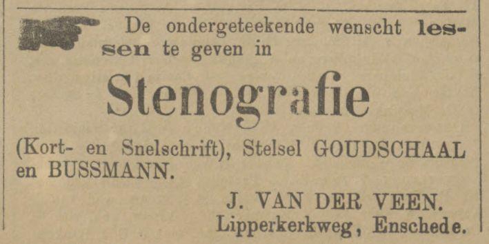 Lipperkerkweg J. van der Veen Stenografie advertentie Tubantia 14-2-1894.jpg