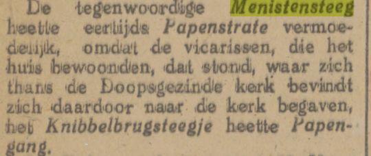 Menistensteeg, Papenstrate, Papengang krantenbericht Tubantia 2-12-1916.jpg
