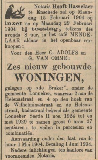 Wilhelminastraat hoek Helenastraat op de Braker advertentie Tubantia 4-2-1904.jpg