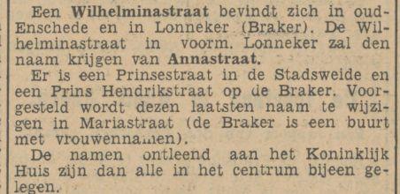 Wilhelminastraat op de Braker wordt Annastraat krantenbericht Tubantia 5-5-1936.jpg