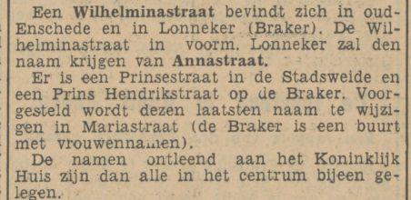 Wilhelminastraat op de Braker wordt Annastraat krantenbericht Tubantia 5-5-1936.jpg