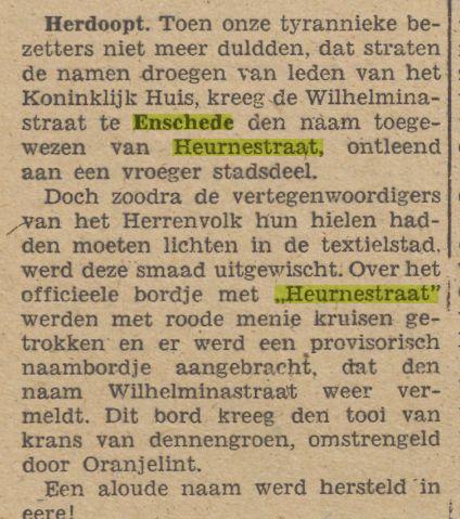 Heurnestraat wordt weer Wilhelminastraat krantenbericht Trouw 11-4-1945.jpg