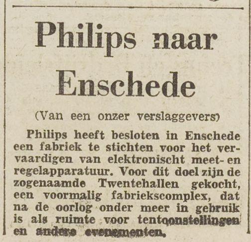 Twentehallen wordt Philipscomplex krantenbericht Het Vrije Volk 15-4-1961.jpg
