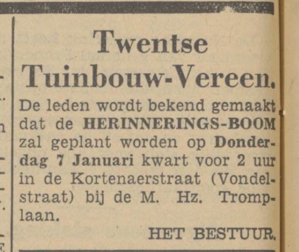 Kortenaerstraat Vondelstraat herinneringsboom krantenbericht Tubantia 6-1-1937.jpg