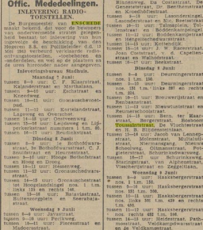 Bosboom Toussaintstraat krantenbericht Twentsch nieuwsblad 4-6-1943.jpg