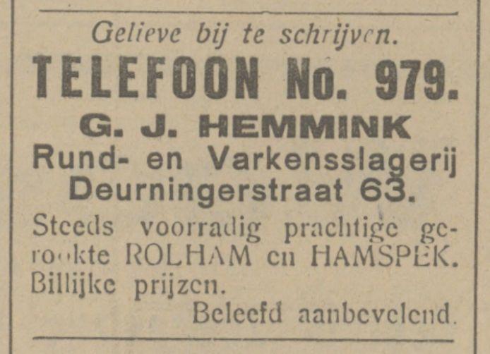 Deurningerstraat 63 Rund- en varkensslagerij G.J. Hemmink advertentie Tubantia 23-4-1924.jpg