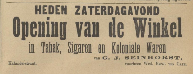 Kalanderstraat Seinhorst Tabak, Sigaren en Koloniale Waren advertentie Tubantia 15-6-1889.jpg