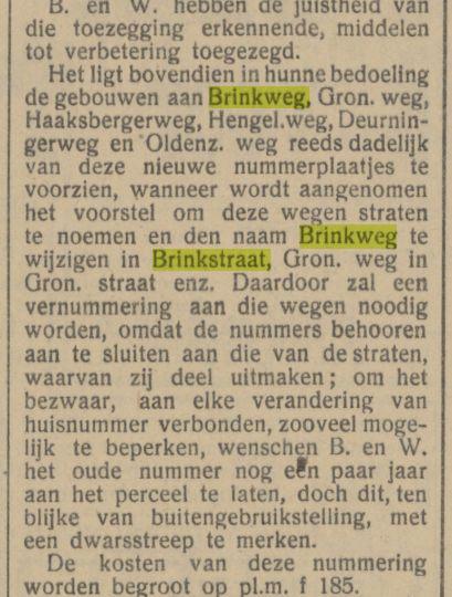 Brinkweg wijzigen in Brinkstraat krantenbericht Tubantia 23-6-1913.jpg