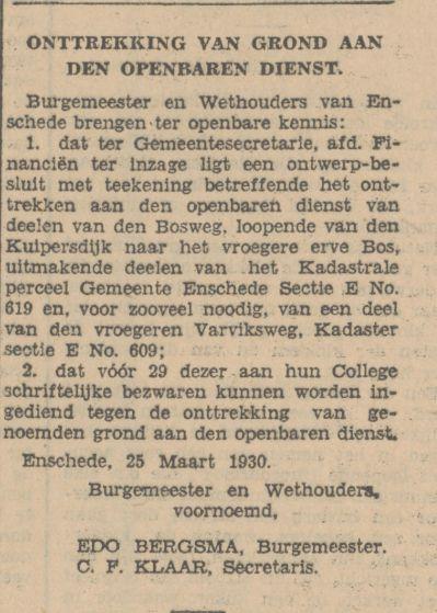 Bosweg lopende van de Kuipersdijk naart het vroegere erve Bos krantenbericht Tubantia 25-3-1930.jpg