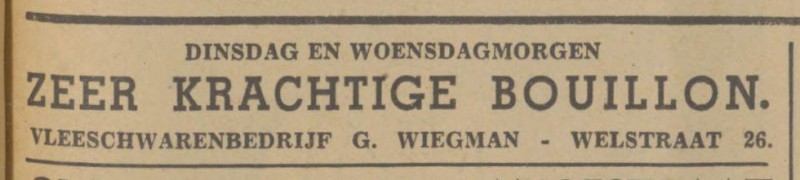 Welstraat 23 Vleeswarenbedrijf G. Wiegman advertentie Tubantia 30-3-1942.jpg