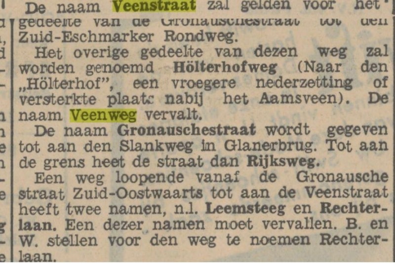 Veenweg wordt Veenstraat en Holterhofweg krantenbericht Tubantia 7-5-1936.jpg