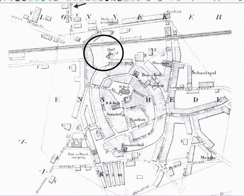 plattegrond Enschede ca 1850. Links bovenaan Deurningerstraat met 2e Apostelenhof.jpg