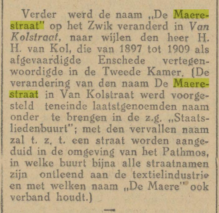 De Maerestraat wordt Van Kolstraat krantenbericht Tubantia 24-11-1926.jpg