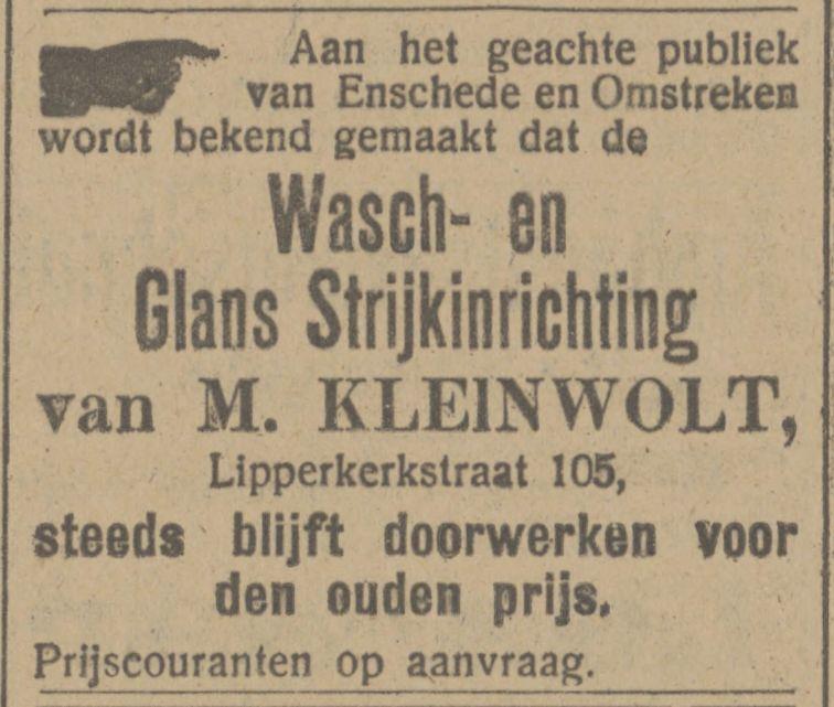 Lipperkerkstraat 105 Wasch- en Glans Strijkinrichting M. Kleinwolt advertentie Tubantia 20-9-1916.jpg