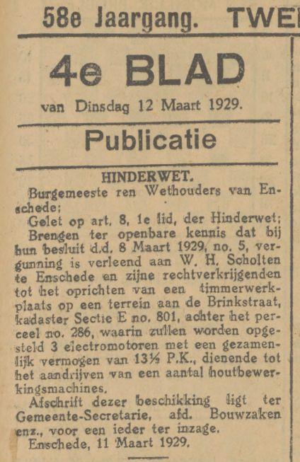 Brinkstraat 286 W.H. Scholten timmerwerkplaats krantenbericht Tubantia 12-3-1929.jpg